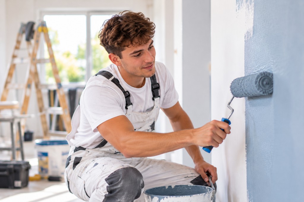 Auszubildender streicht eine Wand