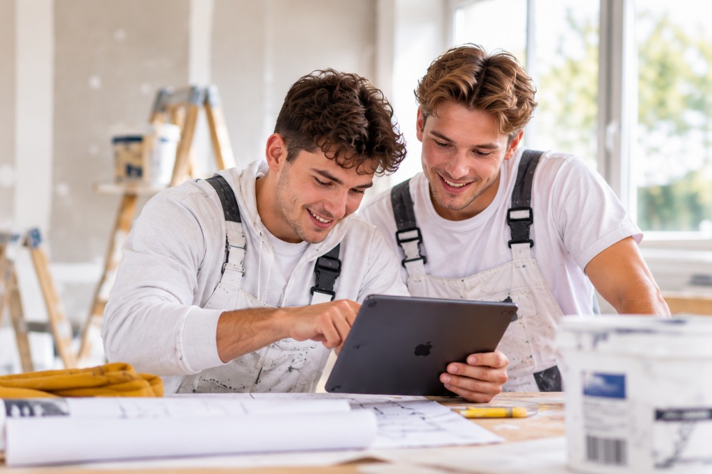 Zwei Maler planen gemeinsam am Tablet