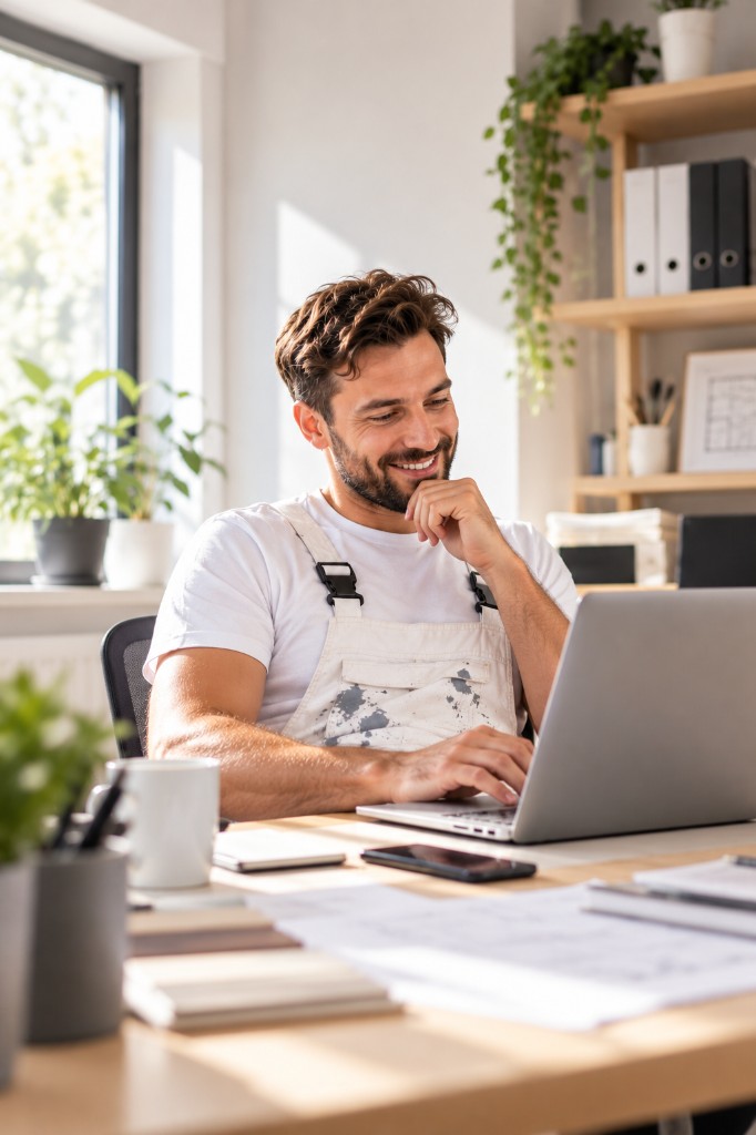Malermeister im Büro am Laptop
